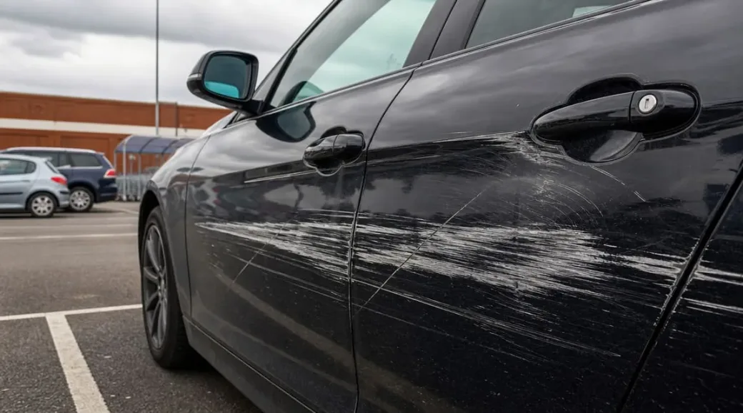 Scratched car bumper and door